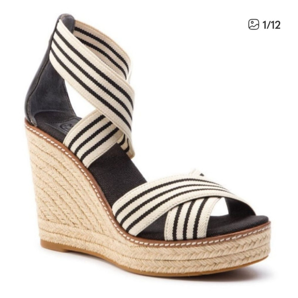 TORY BURCH Frieda Navy Cream Elastic Strap Striped Espadrille Wedge Sandals 9.5